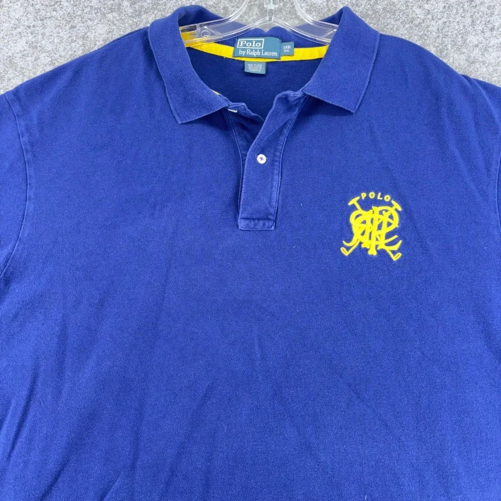 VTG Polo Ralph Lauren Mens 3XB Big Blue Yellow Crest Logo Short Sleeve Shirt Y2K